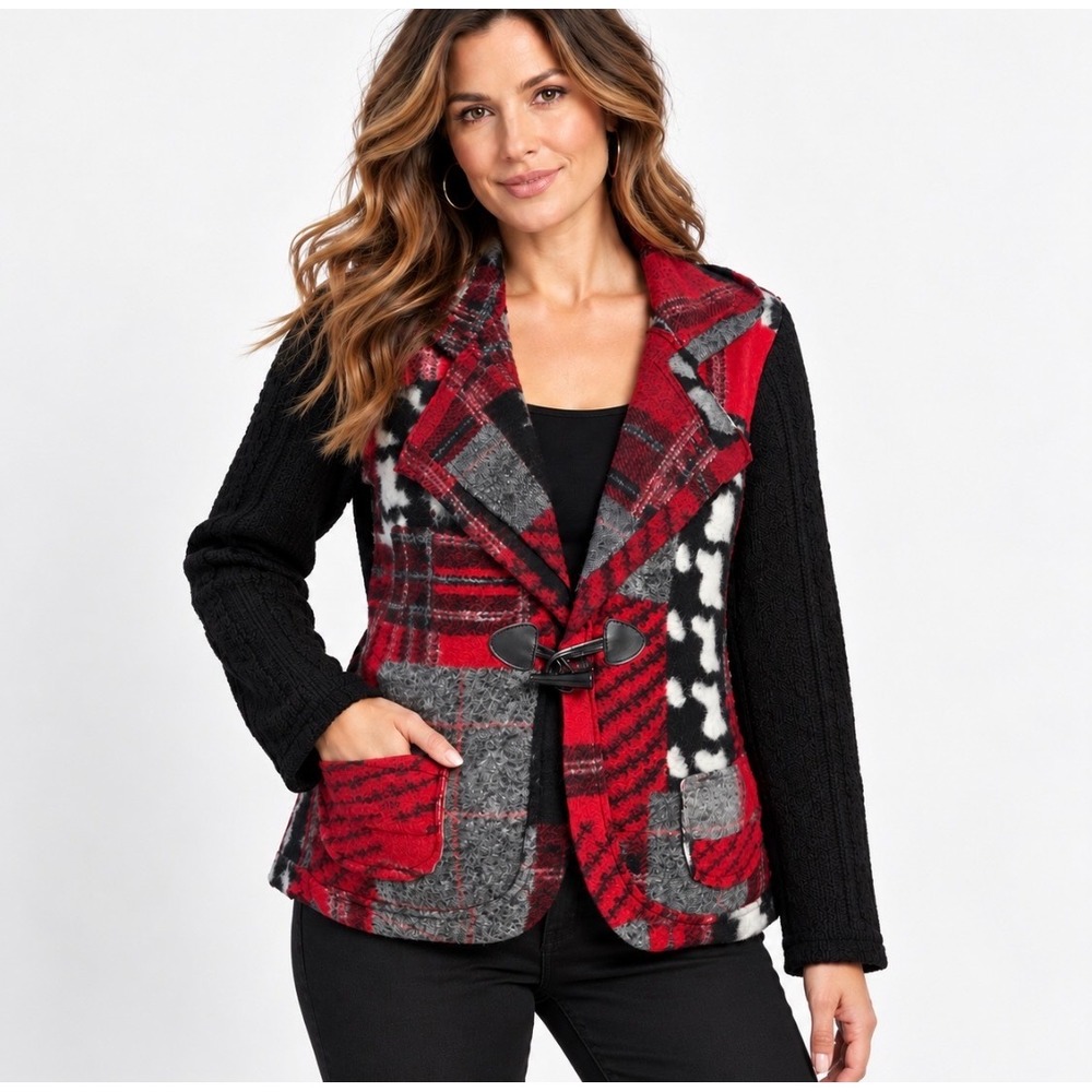 Appleseeds Plaid Patchwork Cardigan Jacket XL Cable Knit Sleeves Wool Blend